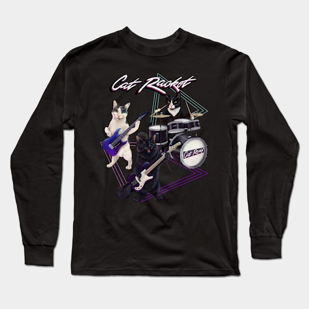 Cat Racket- Cat band on guitar, bass, and drums Long Sleeve T-Shirt by Mehu Art